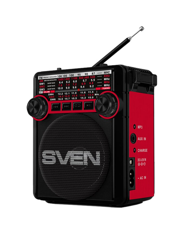 Speaker SVEN SRP-355, red (3W, FM/AM/SW, USB, SD/microSD, flashlight, battery)