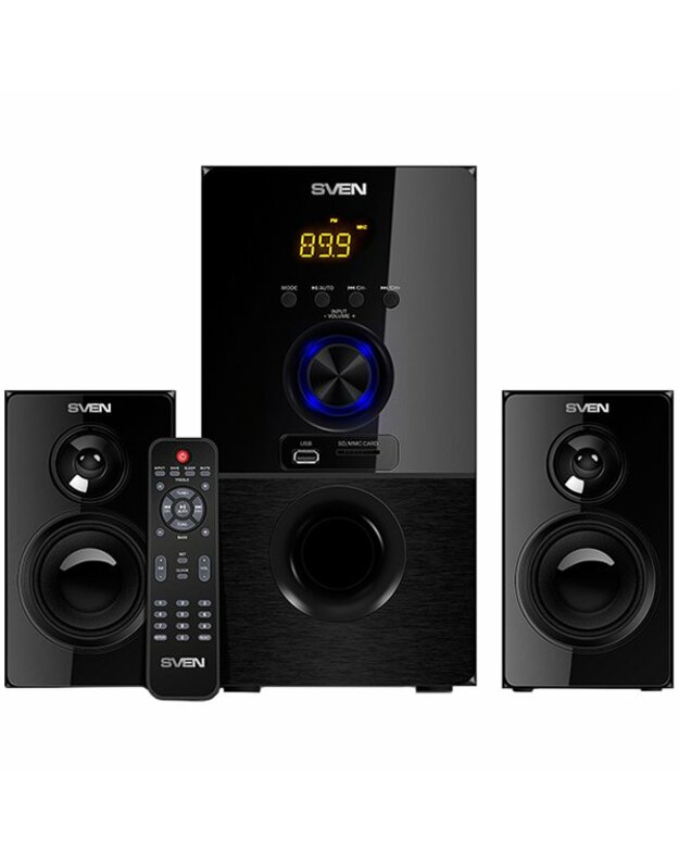 SVEN MS-2050 30W+2x12.5W; LED display; Volume front control; USB/SD-card support; Wall mountable satellites; MUTE, SLEEP and ST-BY modes; FM radio; Remote control; Bluetooth