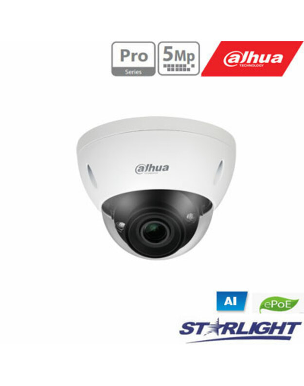 IP kam. AI 5M 2K Kupol. STARLIGHT IPC-HDBW5541E-ZE su LXIR iki 40m, 5MP(2592x1944) 1~20fps, 2.7mm–13