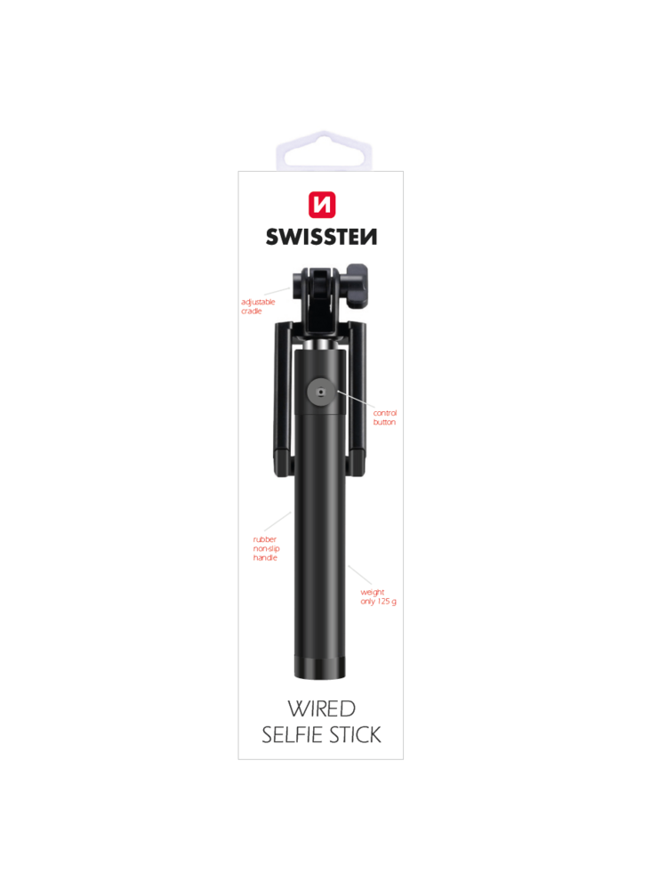 Swissten asmenukių lazda su laidu Wired Selfie Stick 81cm su valdymo mygtuku (Juoda)  