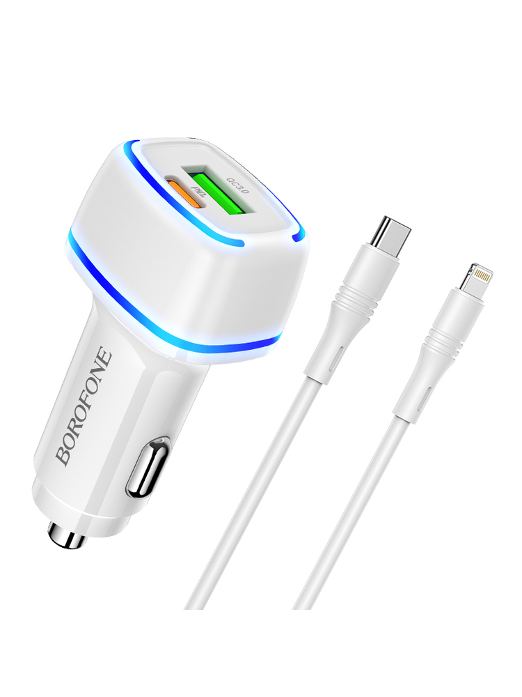 „Borofone“ automobilinis įkroviklis – BZ14A DUAL PORT USB-C / USB PD 20W QC 3.0 TYP-C LIGHTNING CABLE – BALTAS