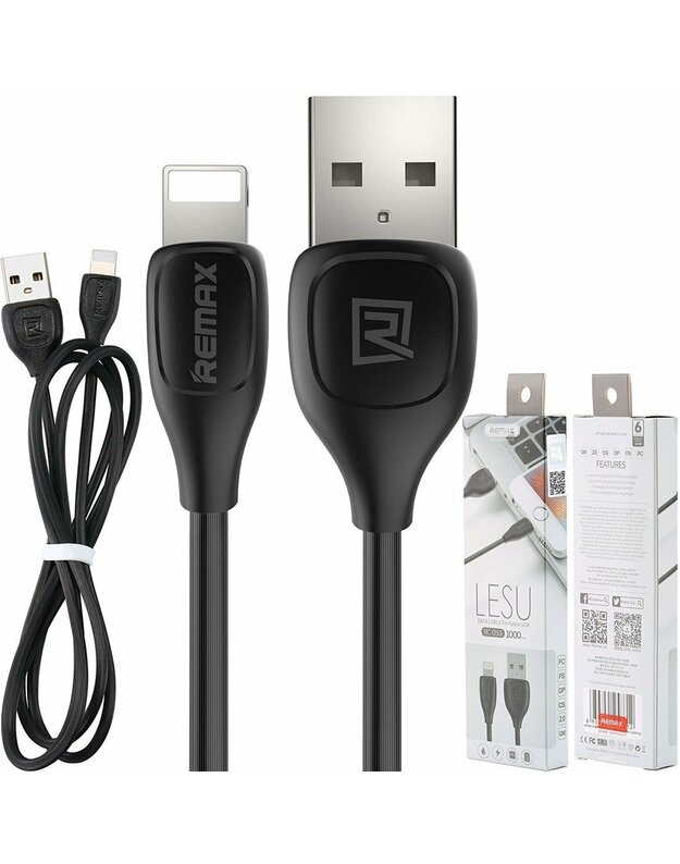 Kabelis USB „iPhone Lightning 1m“ greitai įkraunamas „Remax LESU“ juodas