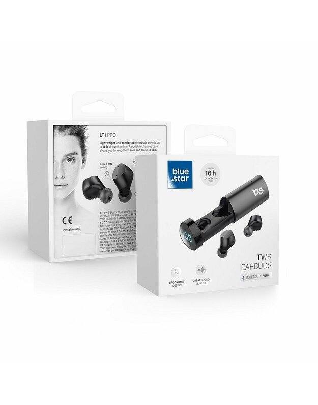 „Blue Star TWS LT1 PRO Bluetooth“ stereofoninės ausinės juodos su maitinimo banku