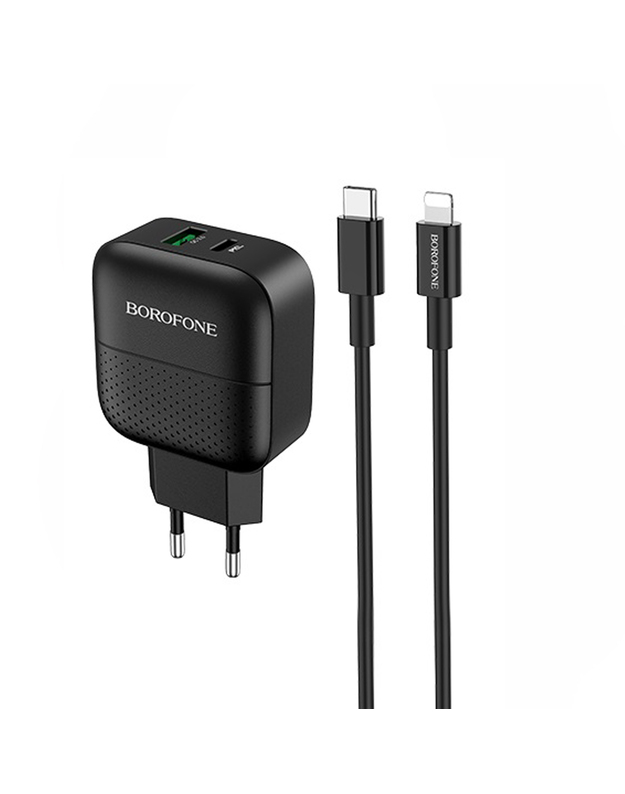 Juodas įkroviklis buitinis Borofone BA46A Quick Charge 3.0 + PD (3.1A) + Type-C-Lightning