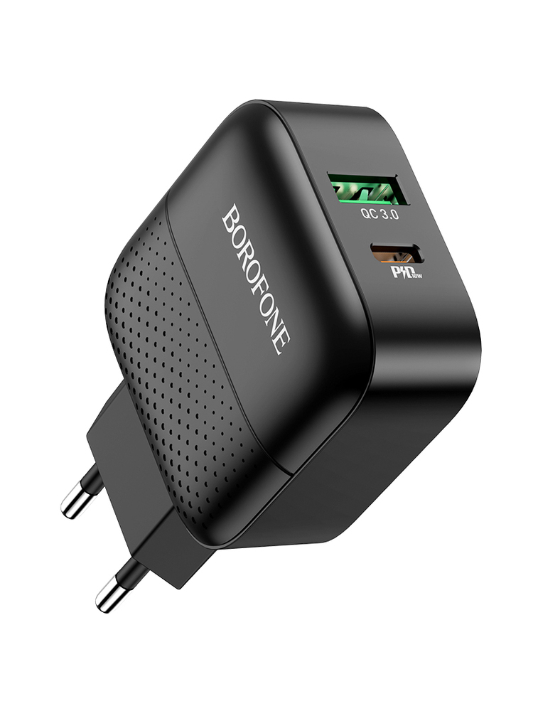 Juodas įkroviklis buitinis Borofone BA46A Quick Charge 3.0 + PD (3.1A) + Type-C-Lightning